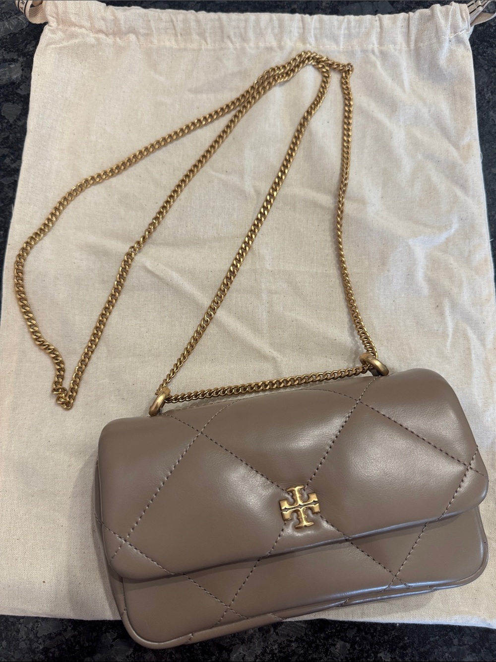 Tory Burch Oak Taupe Mini Kira Crossbody with Gold Chain
